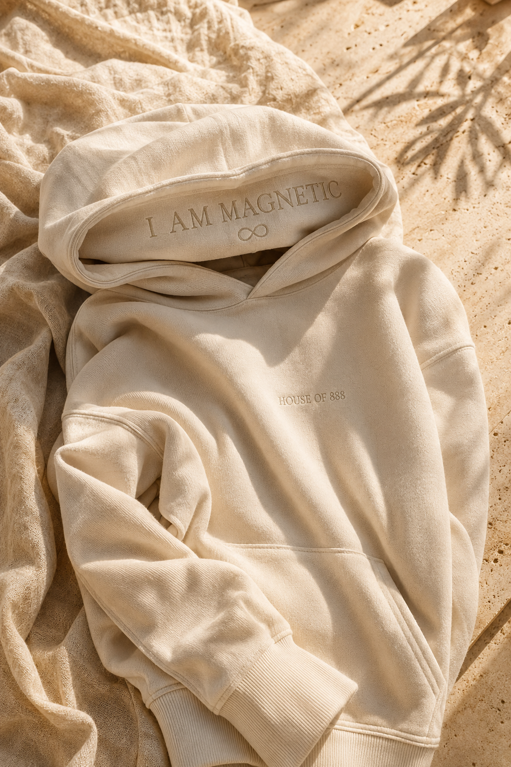 Cream House of 888 hoodie showing the hidden I AM MAGNETIC intention