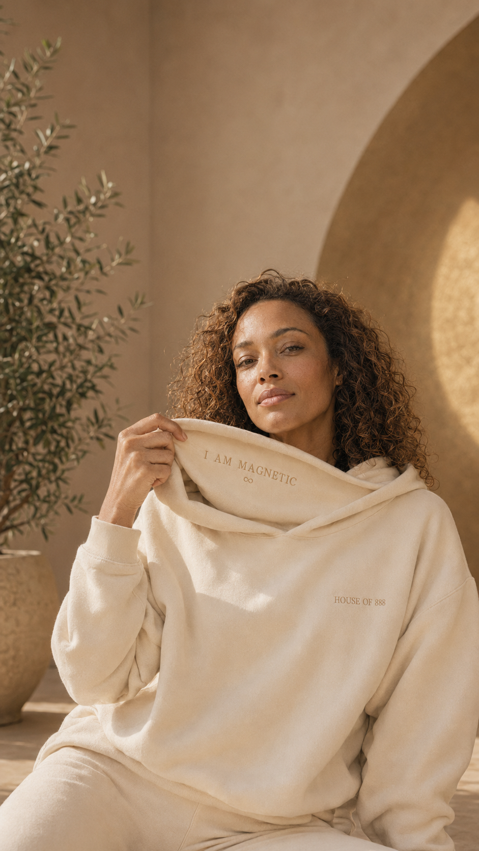 Woman wearing a cream House of 888 hoodie and revealing the I AM MAGNETIC intention inside the hood